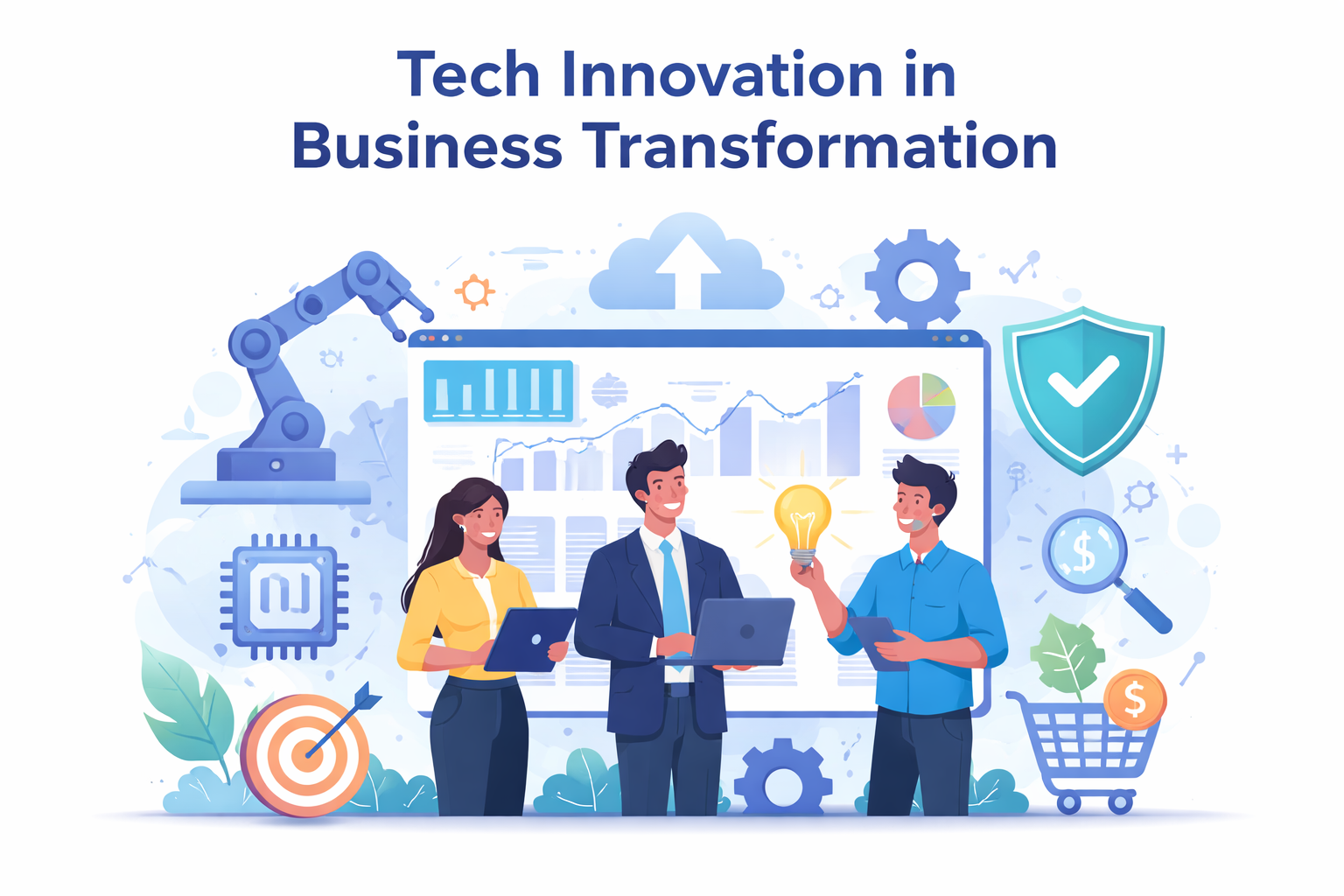 Tech innovation in business transformation illustration showing professionals using laptops and tablets with digital dashboards, automation robot arm, cloud computing, cybersecurity shield, and analytics charts representing modern business technology.