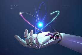 Futuristic robotic hand holding a glowing digital light with colorful orbiting lines, representing artificial intelligence, technology innovation, and advanced digital transformation.