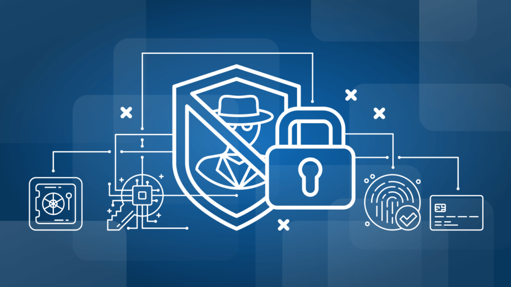 Cybersecurity and online fraud prevention illustration showing a shield blocking a hacker, secure padlock, fingerprint authentication, encrypted data, and digital identity protection icons.