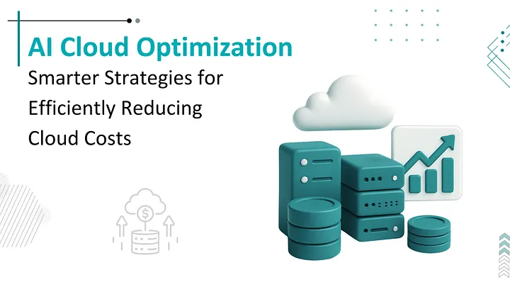 AI cloud optimization illustration showing cloud infrastructure, servers, databases, and upward growth charts representing smarter strategies for reducing cloud costs efficiently.
