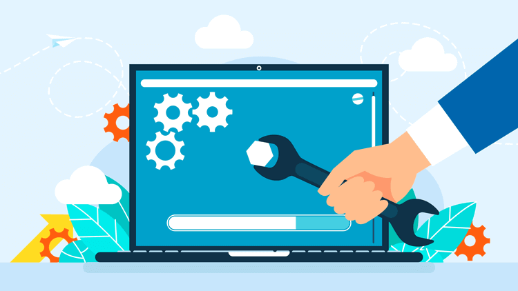 A clean, flat-style vector illustration representing website maintenance or technical optimization.
Visuals: A large laptop screen displays turning gears and a loading bar.
Action: A hand in a suit sleeve holds a wrench, appearing to adjust a nut on the screen.
Background: The scene is set against a light blue background with decorative clouds, leaves, and floating gear icons.