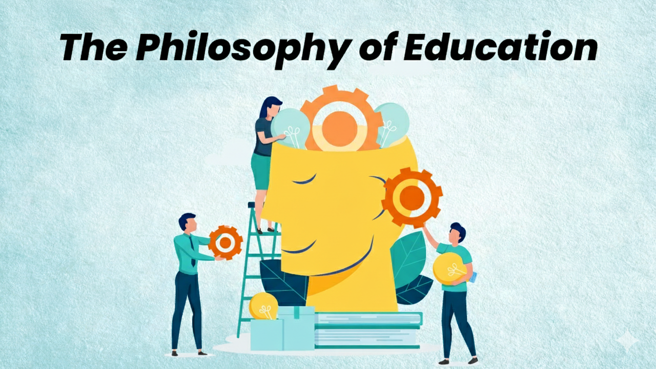 An educational illustration featuring the text The Philosophy of Education in bold, black font at the top. The central graphic shows a large, stylized yellow profile of a human head resting on a stack of books. Three people are interacting with the head: one person on a ladder is placing a lightbulb inside, another is holding a gear near the eye area, and a third is standing at the base holding another gear. The background is a light blue, textured paper-like surface