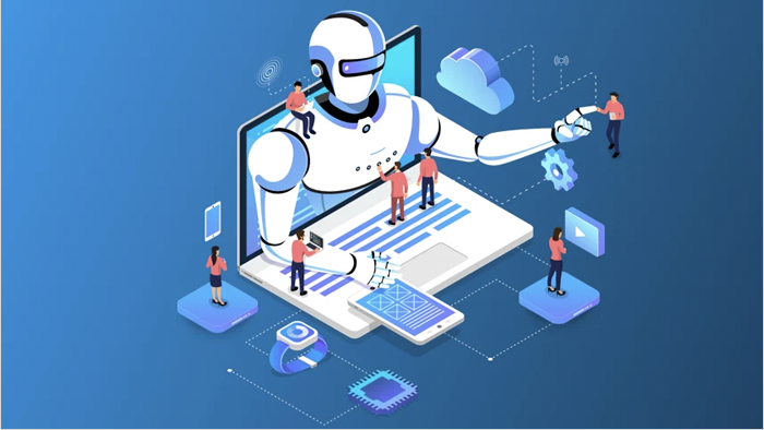 Illustration of a large humanoid robot interacting with tiny human figures while emerging from a laptop screen. The robot extends one hand toward a cloud icon and the other over the keyboard, symbolizing AI integration with technology. Around the robot and laptop, there are icons representing a smartphone, smartwatch, microchip, gear, and media player. The background is a gradient blue, emphasizing a futuristic, digital environment.