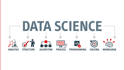 Data Science concept banner displaying the title 'DATA SCIENCE' with icons representing analysis, structure, algorithm, process, programming, problem solving, and knowledge arranged horizontally on a white background.