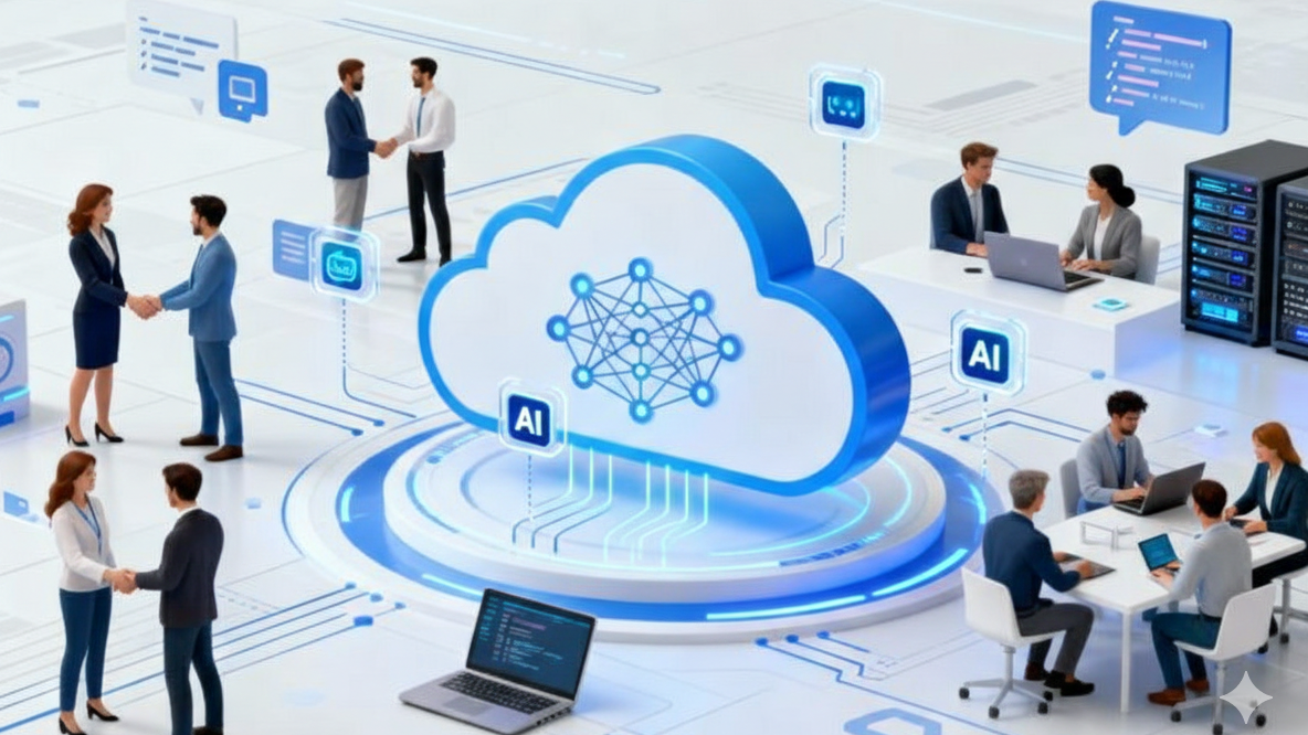 AI-driven cloud modernization illustration showing a central cloud platform with artificial intelligence network, connected teams collaborating, data flows, and enterprise cloud infrastructure.