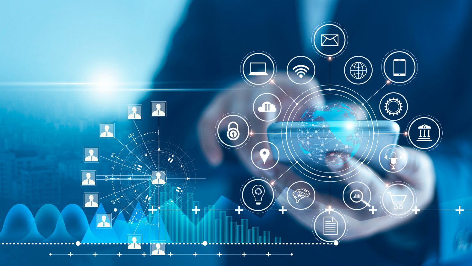 Business professional interacting with a digital cloud computing interface showing connected technology icons, data analytics, automation, and global cloud modernization concepts.