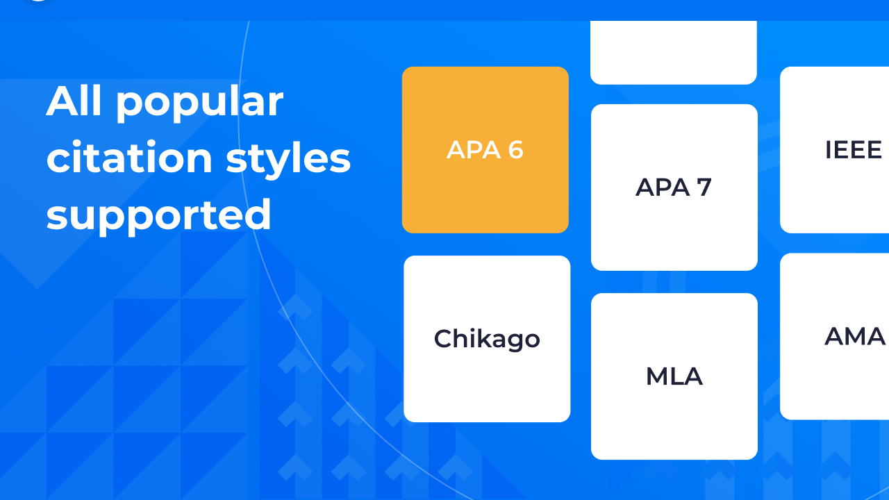 Citation generator interface displaying support for popular citation styles including APA 6, APA 7, IEEE, Chicago, MLA, and AMA for online bibliography creation.