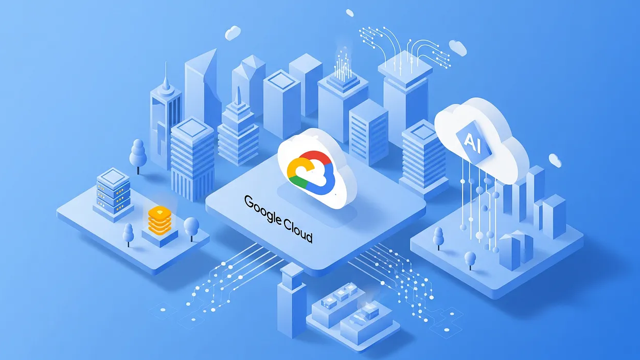 Google Cloud platform illustration showing AI-powered cloud infrastructure connecting enterprise systems, data analytics, and scalable cloud services across a modern digital city.