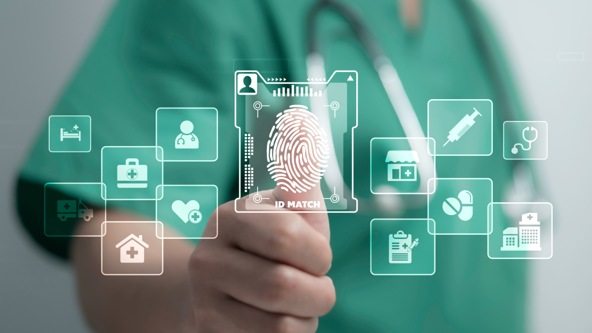 Healthcare professional using biometric fingerprint authentication interface for digital identity verification, surrounded by medical service icons and secure healthcare data concept.
