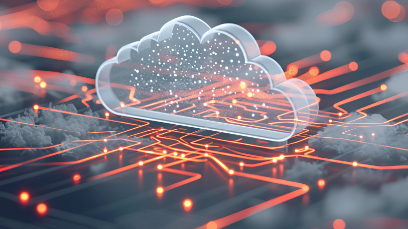 Futuristic cloud computing concept showing a transparent cloud icon above a glowing digital circuit board with red data lines and light nodes representing data flow and network connectivity.
