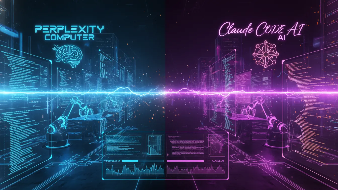 Futuristic split-screen illustration comparing Perplexity Computer and Claude Code AI, featuring neon blue and purple holographic dashboards, robotic arms, code panels, and a glowing digital waveform connecting both AI systems.