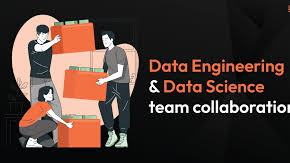 An illustration of a team collaborating by stacking orange boxes together, representing teamwork between data engineering and data science professionals.